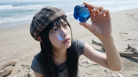 캐럿으로 만든 결과물 — 바닷가에서 푸른 보석을 들어 올린 인물 컷